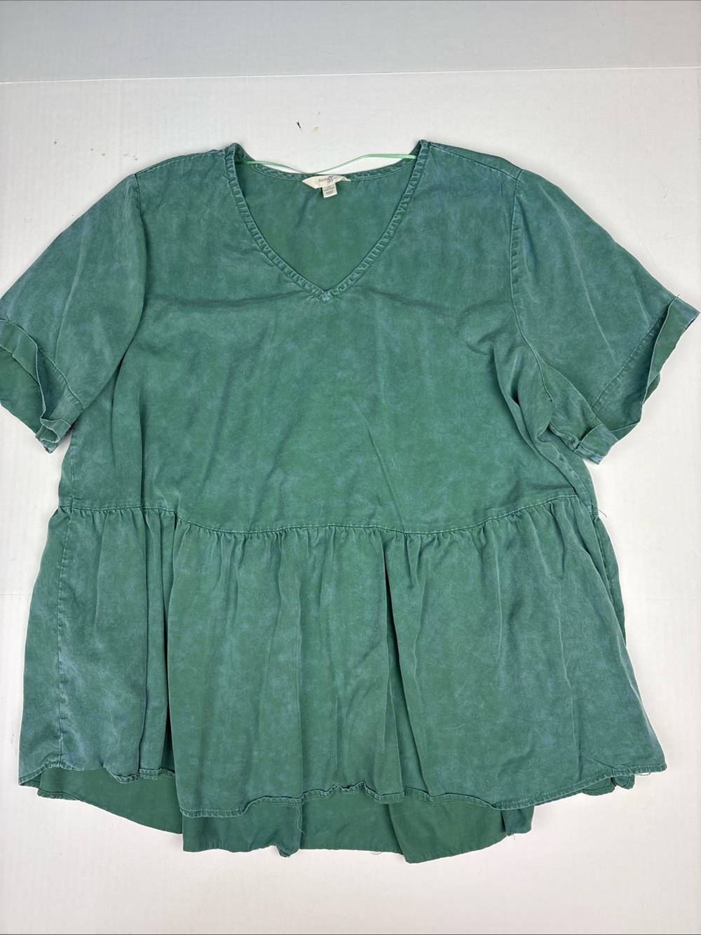 Terra & Sky Women 1X Shirt Green Mineral Washed Babydoll Lyocell Lightweight